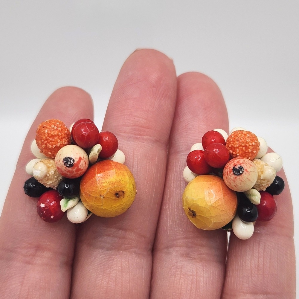 Vintage Fruit Salad‎ Cluster Tutti Frutti Screw Back Earrings Multicolor Germany